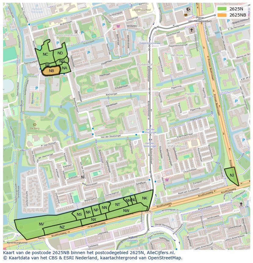 Afbeelding van het postcodegebied 2625 NB op de kaart.
