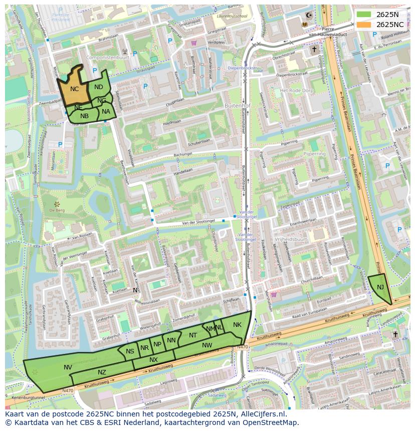 Afbeelding van het postcodegebied 2625 NC op de kaart.