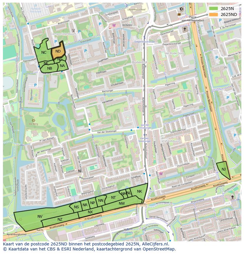 Afbeelding van het postcodegebied 2625 ND op de kaart.