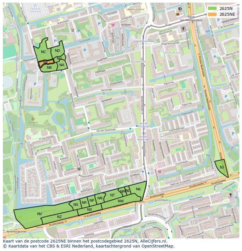 Afbeelding van het postcodegebied 2625 NE op de kaart.