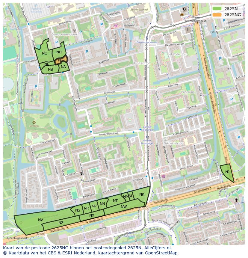 Afbeelding van het postcodegebied 2625 NG op de kaart.