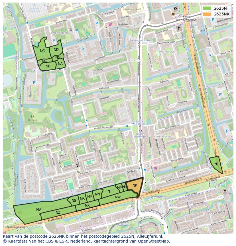Afbeelding van het postcodegebied 2625 NK op de kaart.