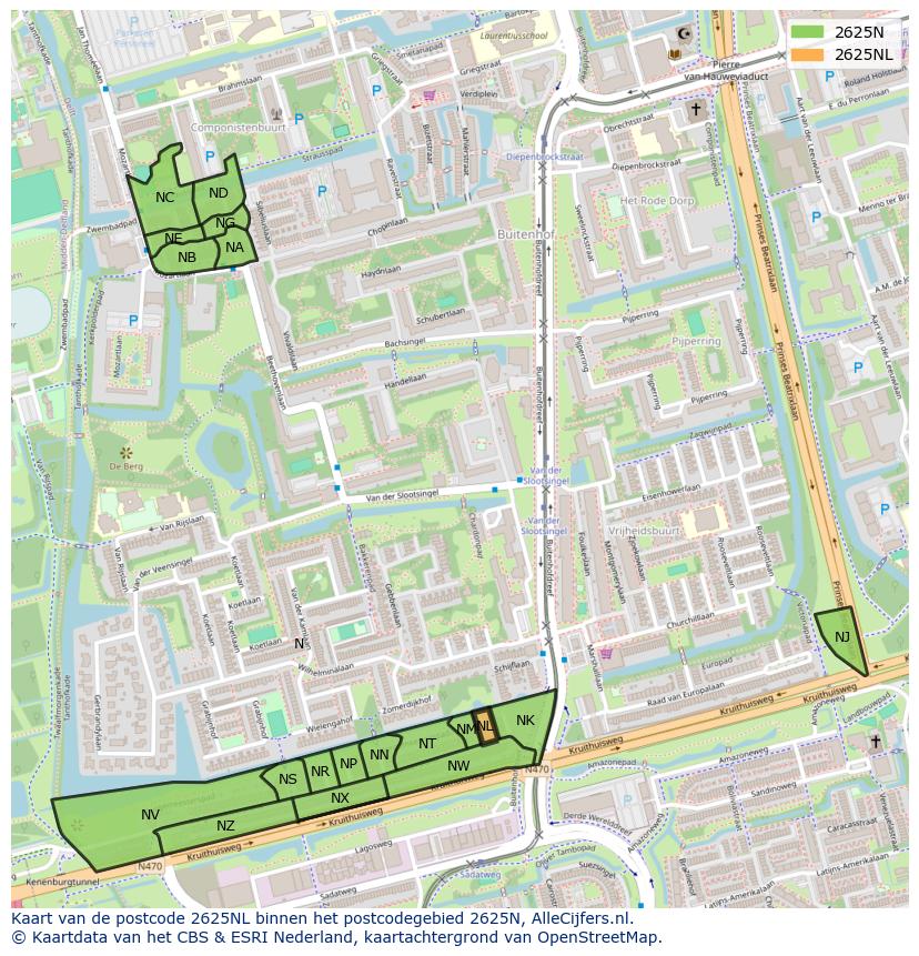 Afbeelding van het postcodegebied 2625 NL op de kaart.