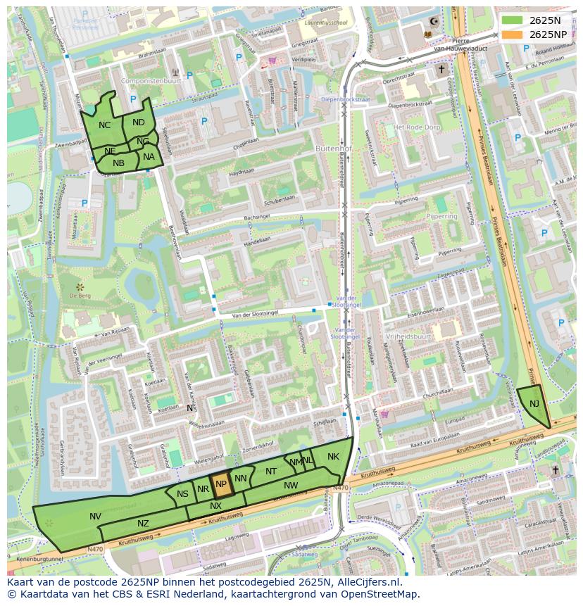 Afbeelding van het postcodegebied 2625 NP op de kaart.