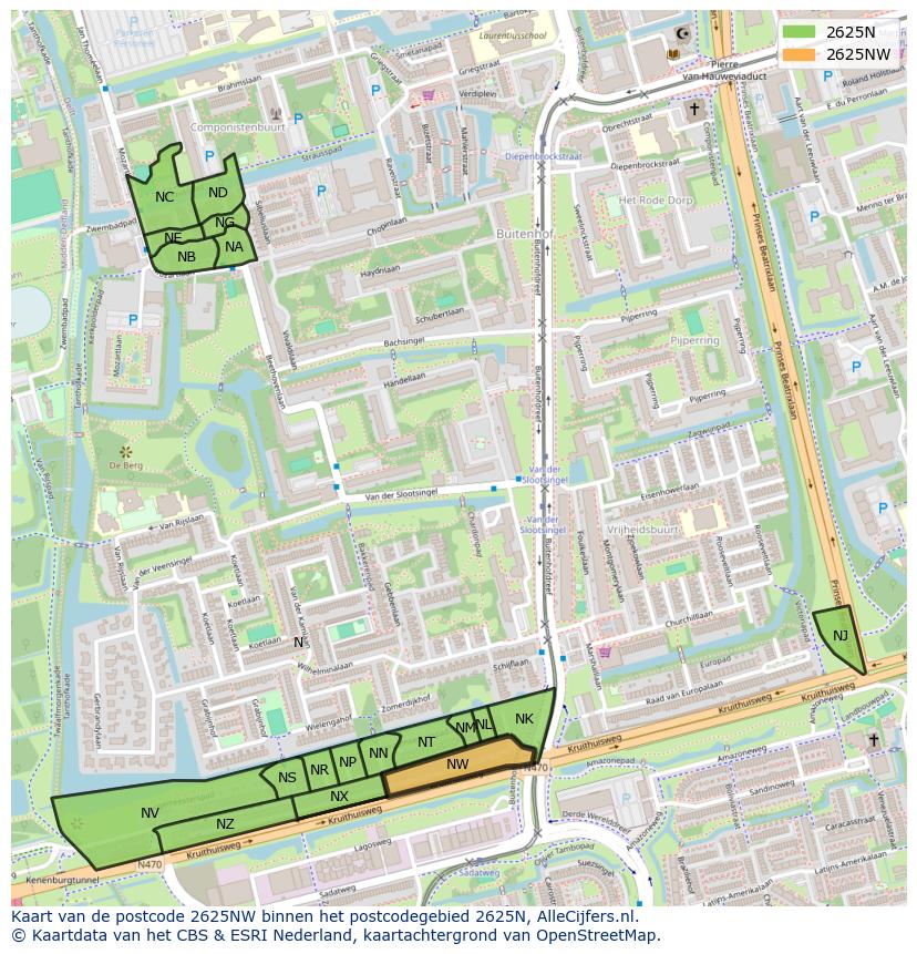 Afbeelding van het postcodegebied 2625 NW op de kaart.