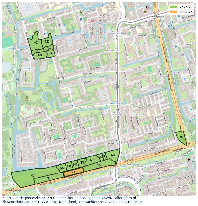 Afbeelding van het postcodegebied 2625 NX op de kaart.