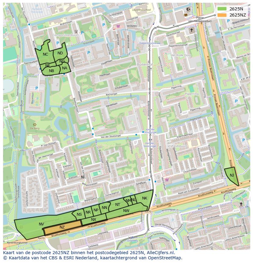 Afbeelding van het postcodegebied 2625 NZ op de kaart.