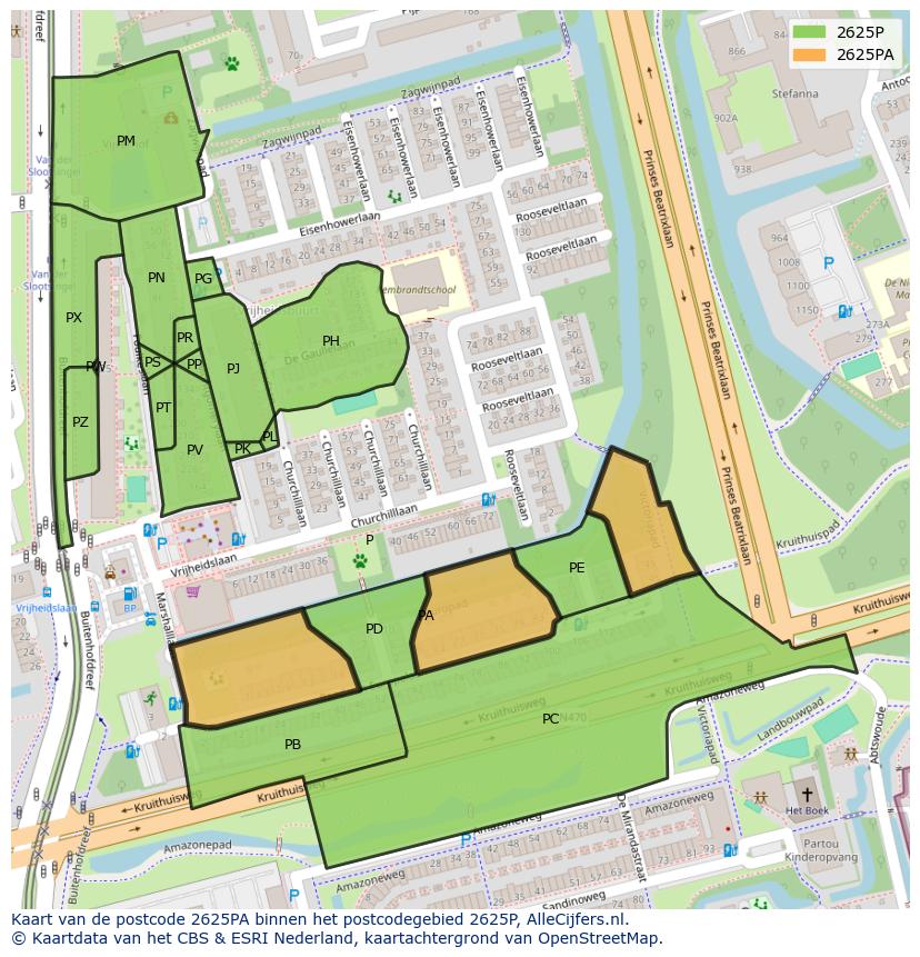 Afbeelding van het postcodegebied 2625 PA op de kaart.