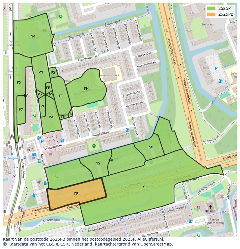 Afbeelding van het postcodegebied 2625 PB op de kaart.