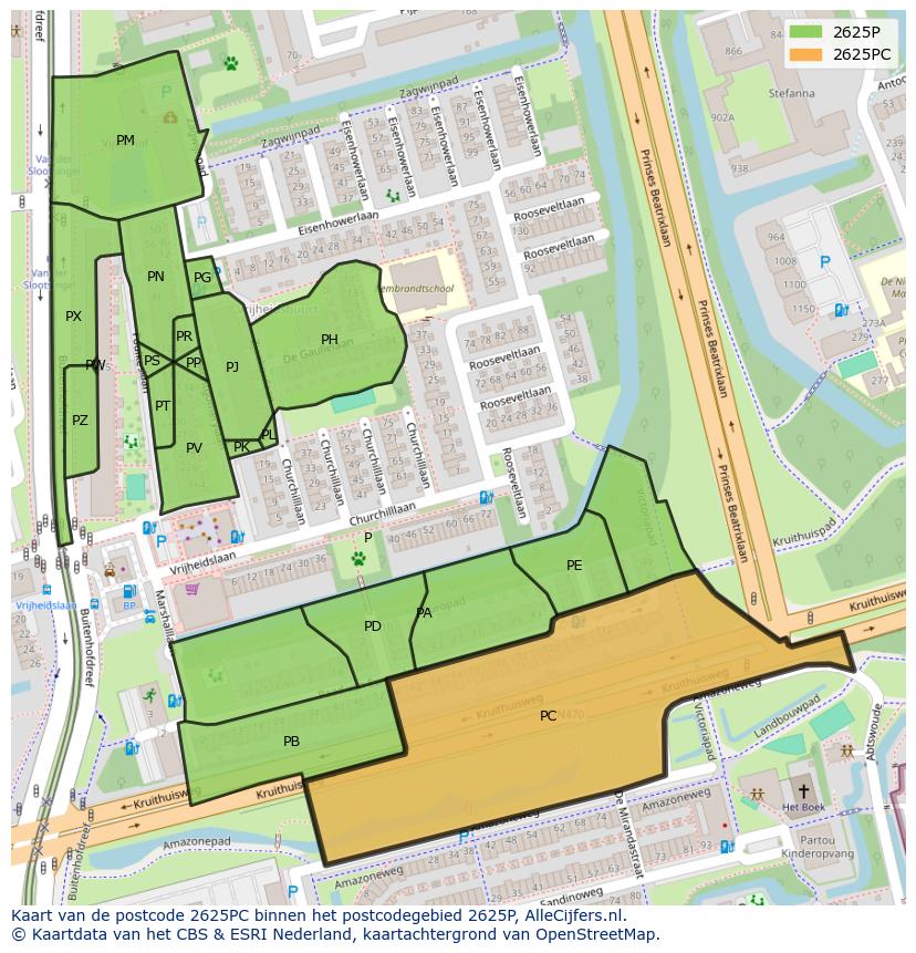 Afbeelding van het postcodegebied 2625 PC op de kaart.