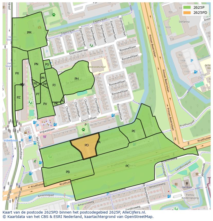 Afbeelding van het postcodegebied 2625 PD op de kaart.