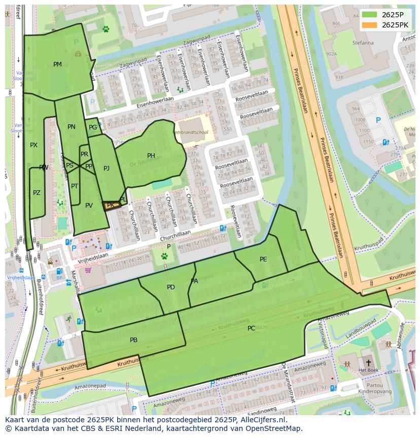 Afbeelding van het postcodegebied 2625 PK op de kaart.