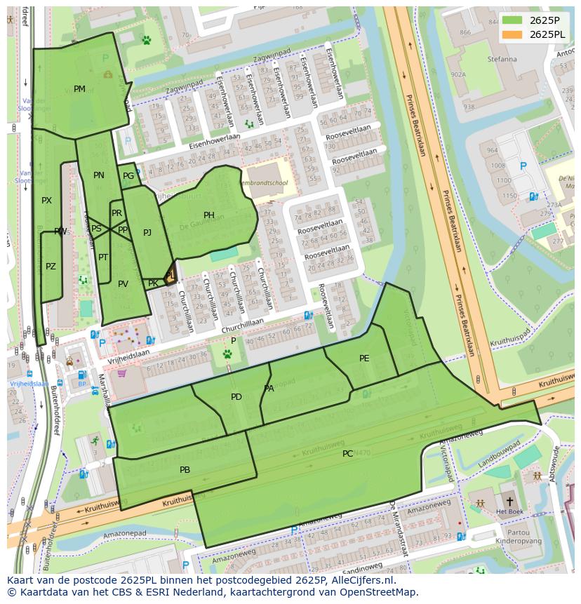 Afbeelding van het postcodegebied 2625 PL op de kaart.