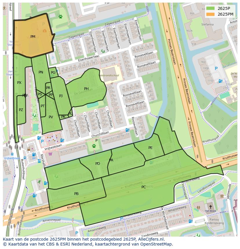 Afbeelding van het postcodegebied 2625 PM op de kaart.