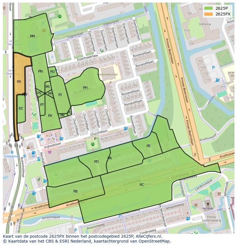 Afbeelding van het postcodegebied 2625 PX op de kaart.