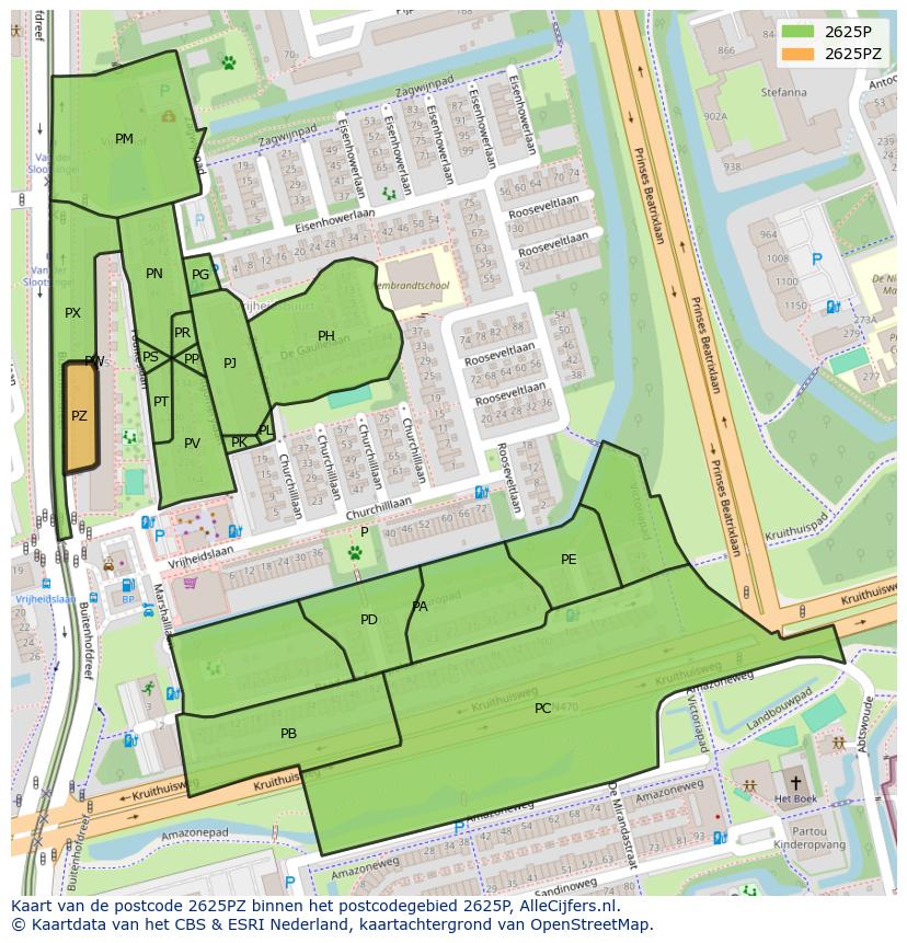 Afbeelding van het postcodegebied 2625 PZ op de kaart.