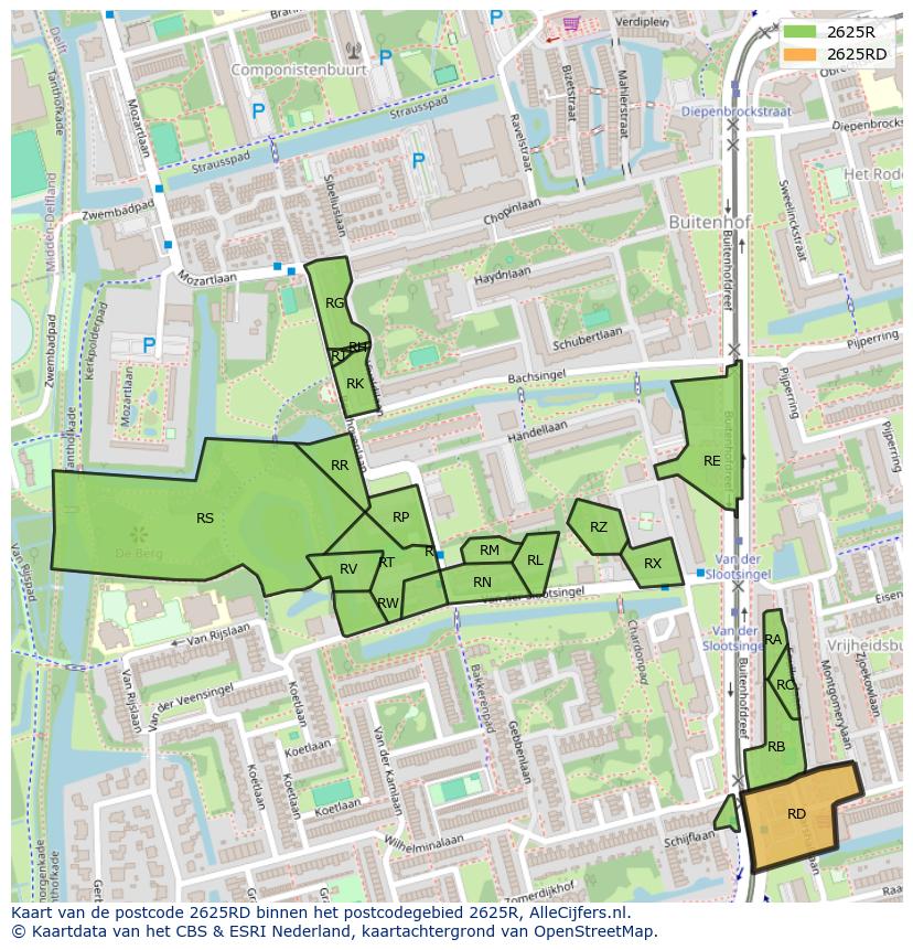 Afbeelding van het postcodegebied 2625 RD op de kaart.