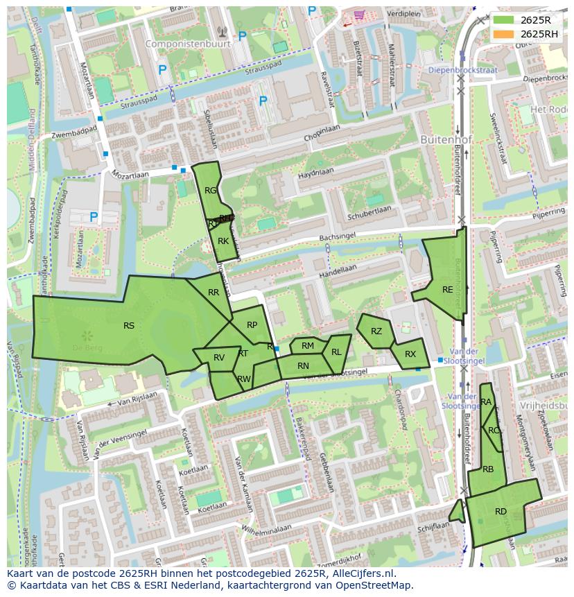 Afbeelding van het postcodegebied 2625 RH op de kaart.