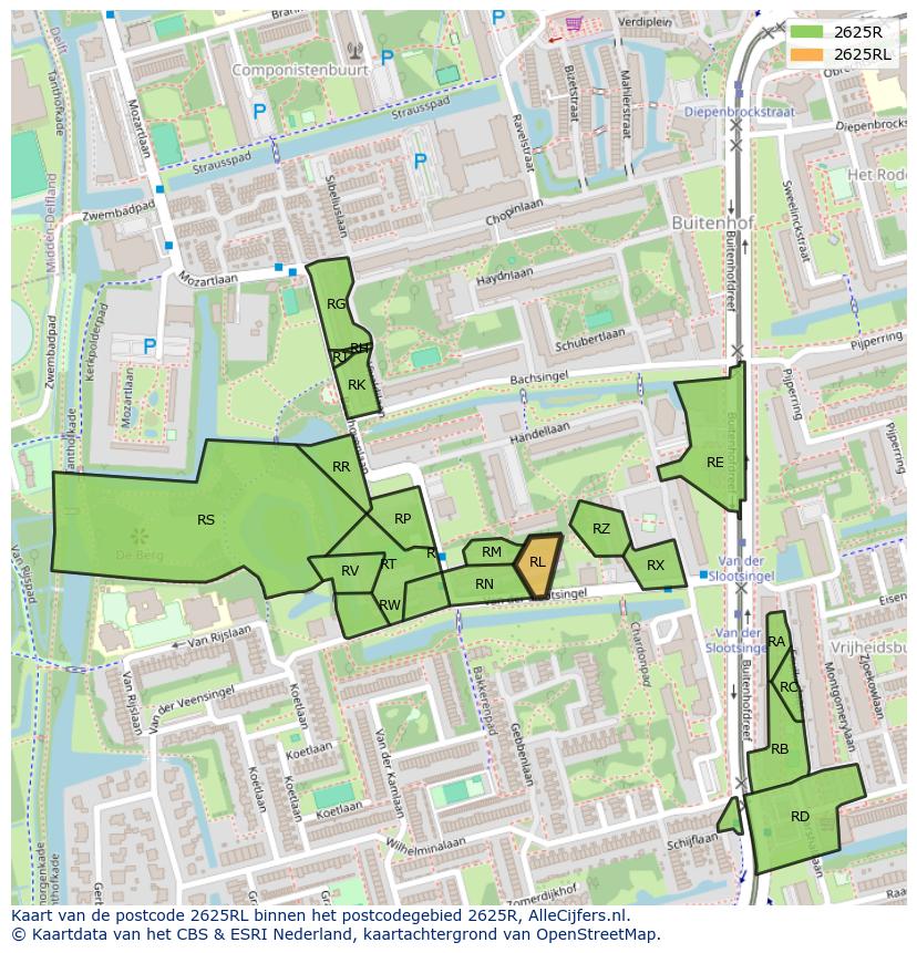 Afbeelding van het postcodegebied 2625 RL op de kaart.