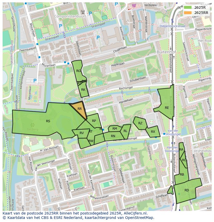 Afbeelding van het postcodegebied 2625 RR op de kaart.