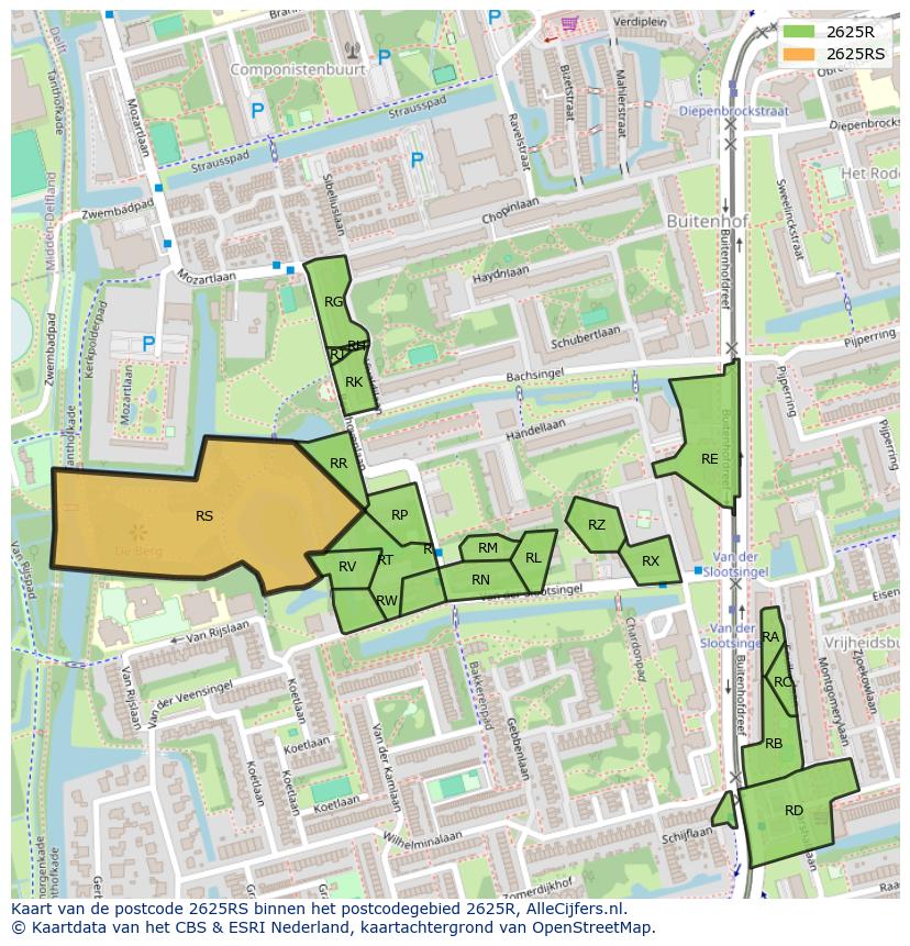 Afbeelding van het postcodegebied 2625 RS op de kaart.