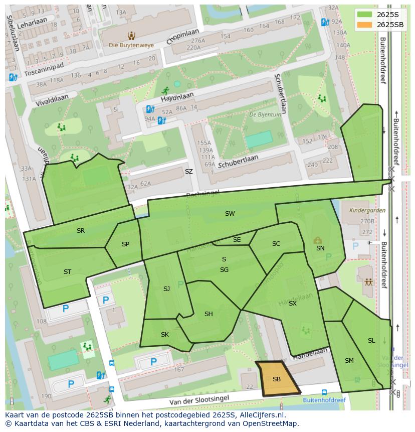 Afbeelding van het postcodegebied 2625 SB op de kaart.