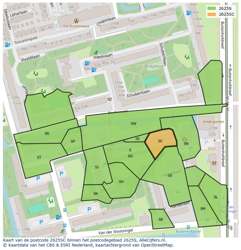 Afbeelding van het postcodegebied 2625 SC op de kaart.