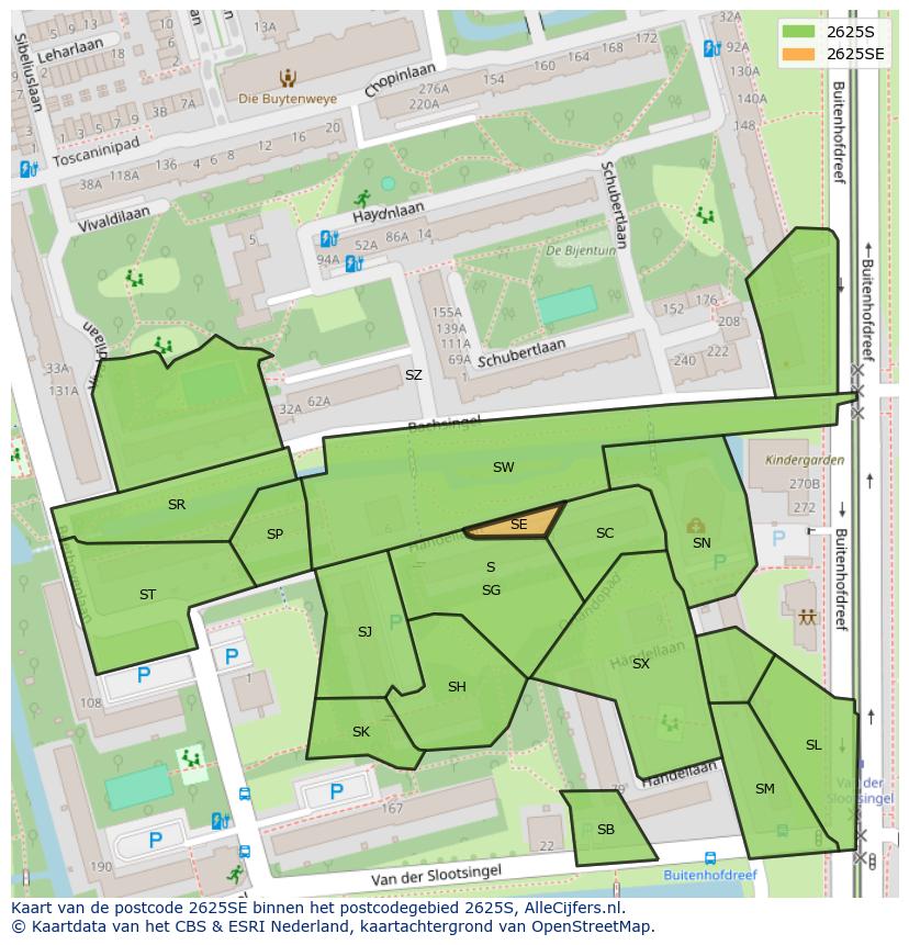 Afbeelding van het postcodegebied 2625 SE op de kaart.