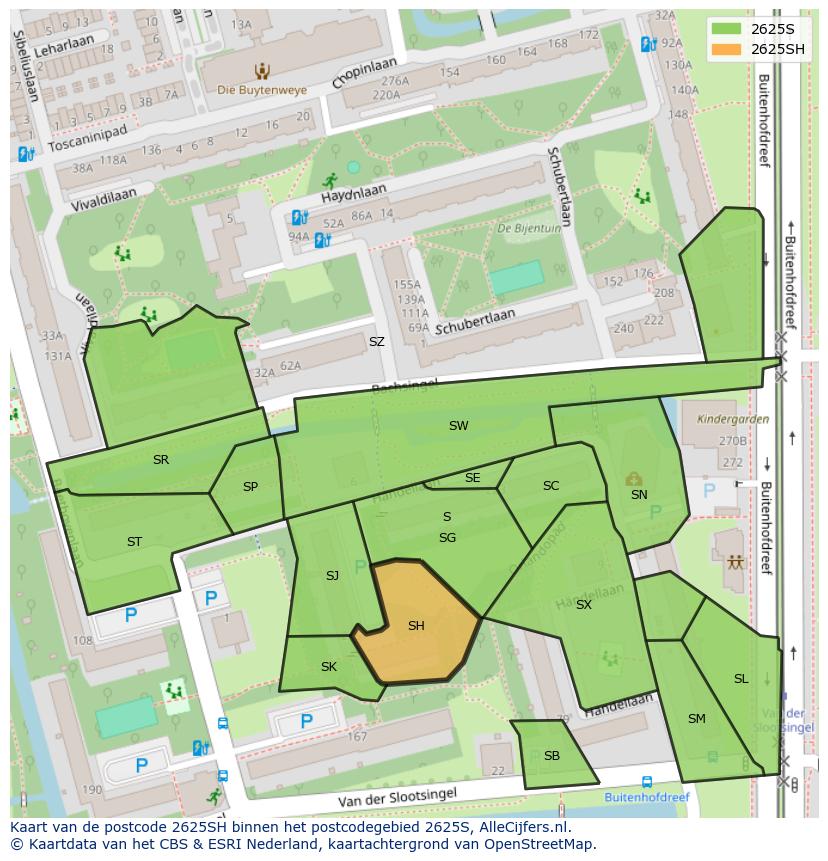 Afbeelding van het postcodegebied 2625 SH op de kaart.
