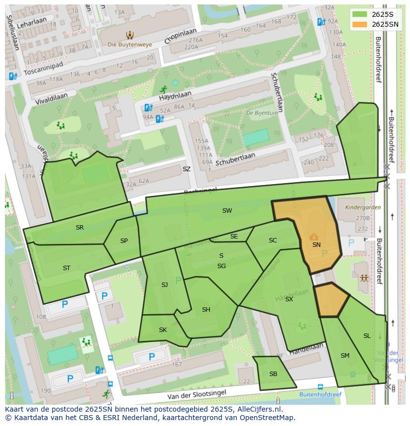 Afbeelding van het postcodegebied 2625 SN op de kaart.