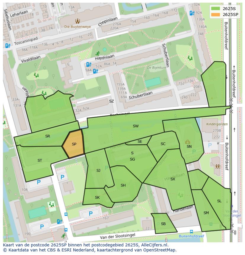 Afbeelding van het postcodegebied 2625 SP op de kaart.