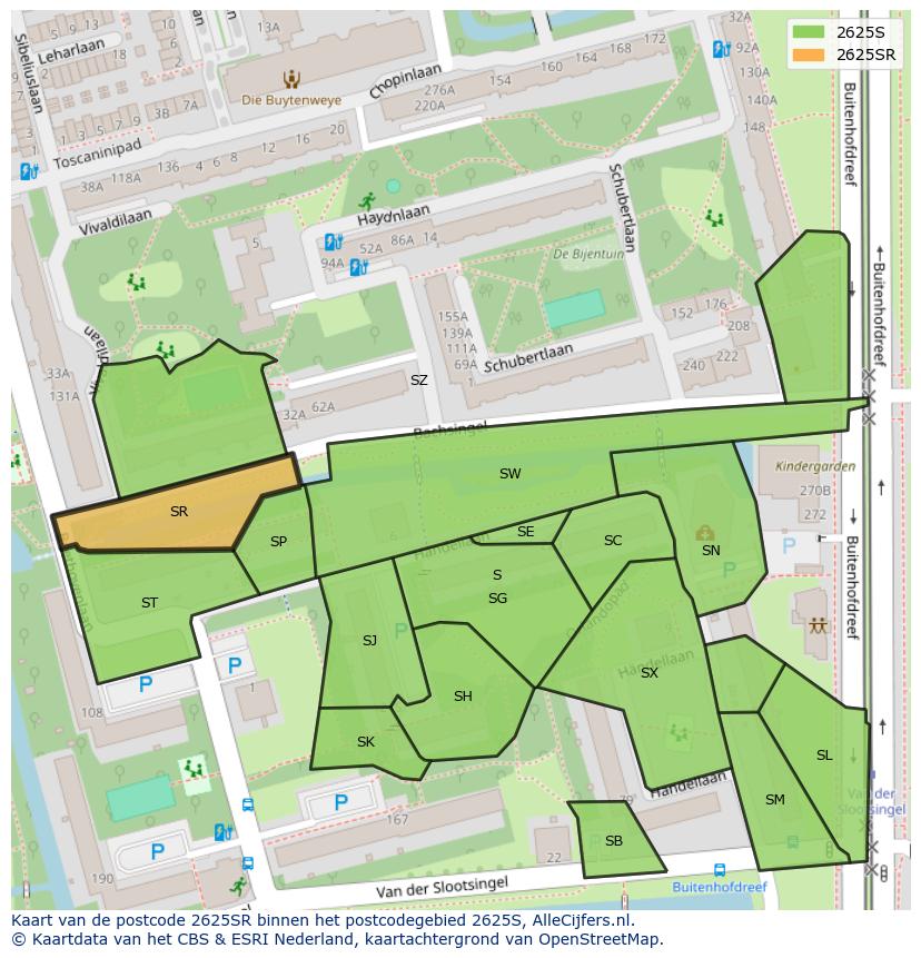 Afbeelding van het postcodegebied 2625 SR op de kaart.