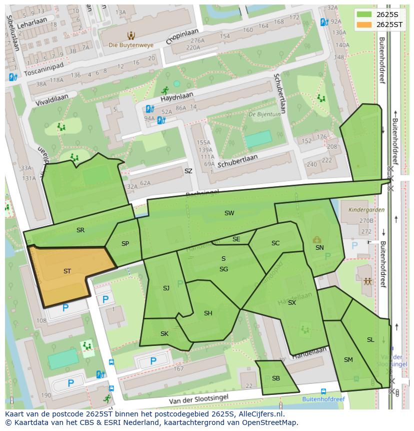 Afbeelding van het postcodegebied 2625 ST op de kaart.
