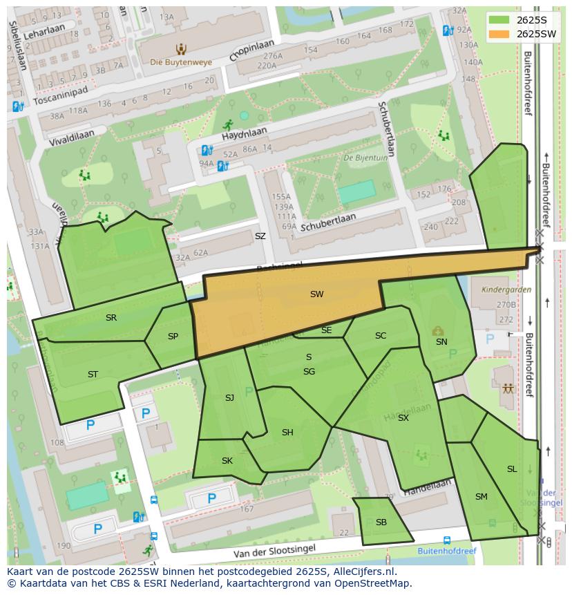 Afbeelding van het postcodegebied 2625 SW op de kaart.