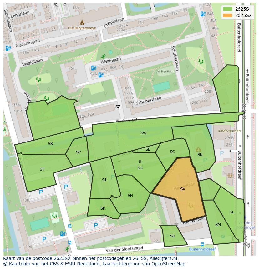 Afbeelding van het postcodegebied 2625 SX op de kaart.