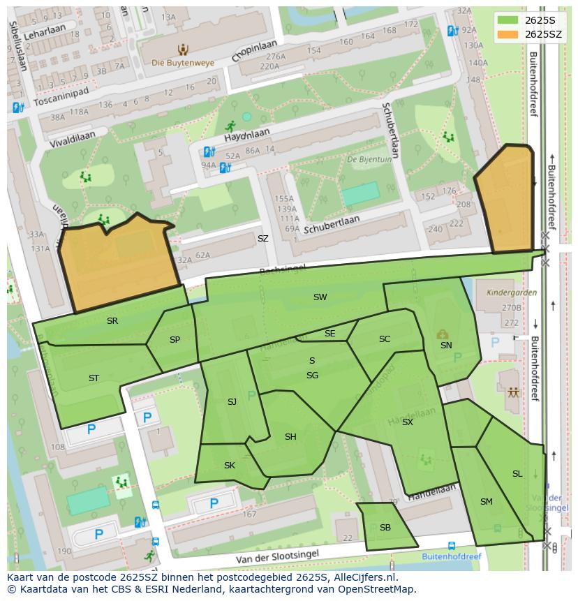 Afbeelding van het postcodegebied 2625 SZ op de kaart.