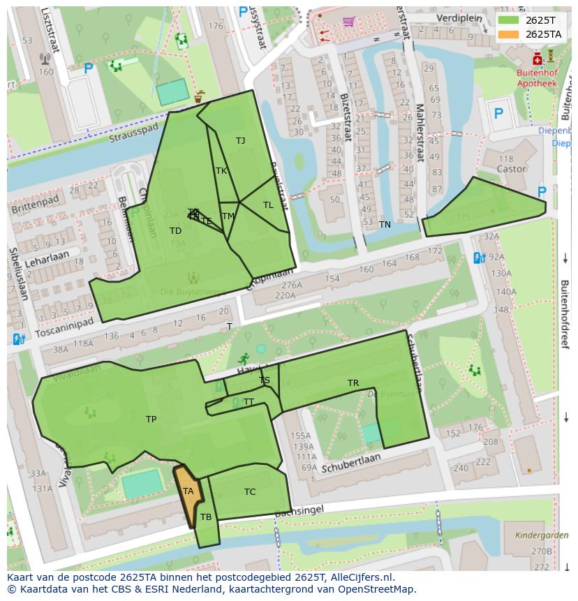 Afbeelding van het postcodegebied 2625 TA op de kaart.