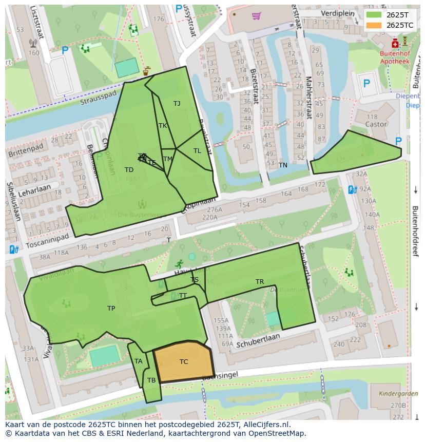 Afbeelding van het postcodegebied 2625 TC op de kaart.