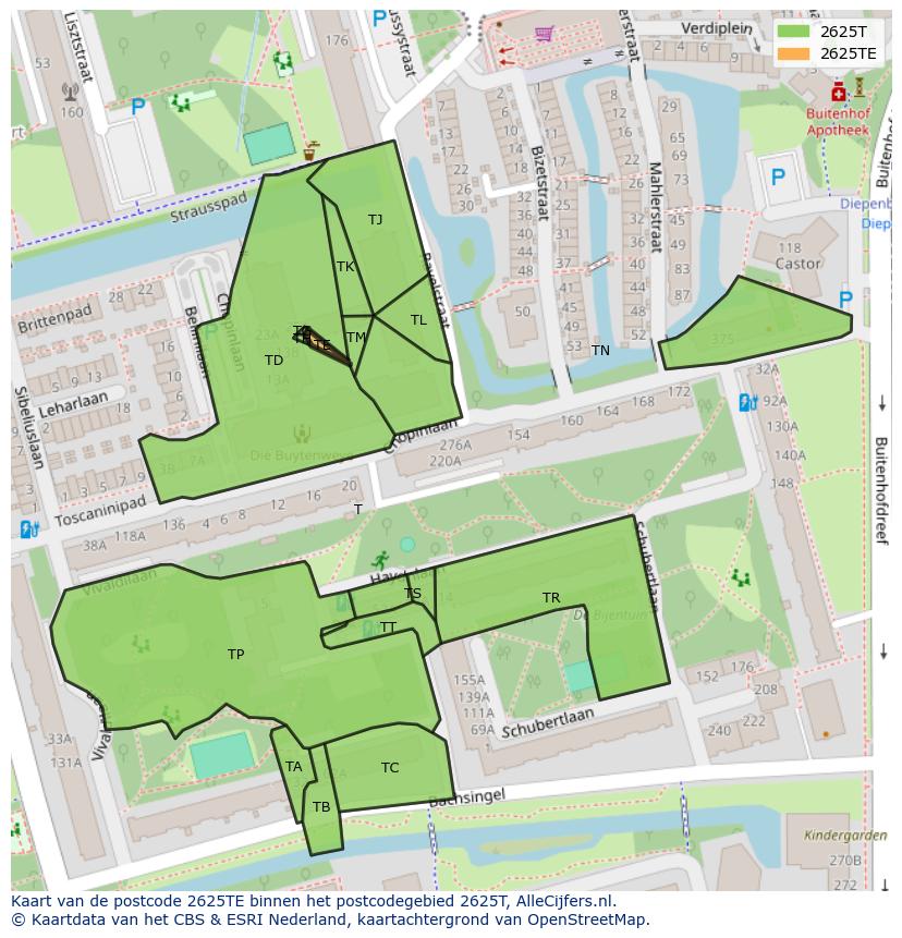 Afbeelding van het postcodegebied 2625 TE op de kaart.