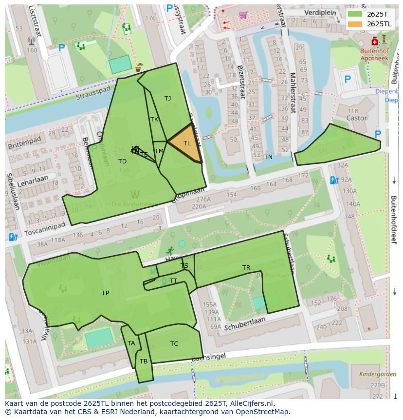 Afbeelding van het postcodegebied 2625 TL op de kaart.
