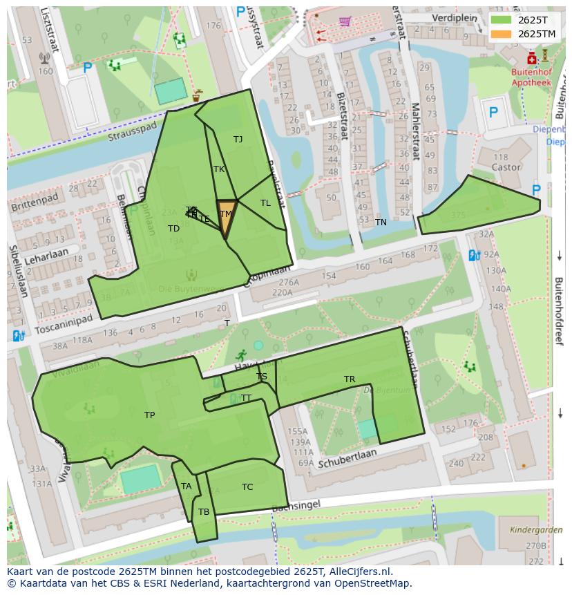 Afbeelding van het postcodegebied 2625 TM op de kaart.