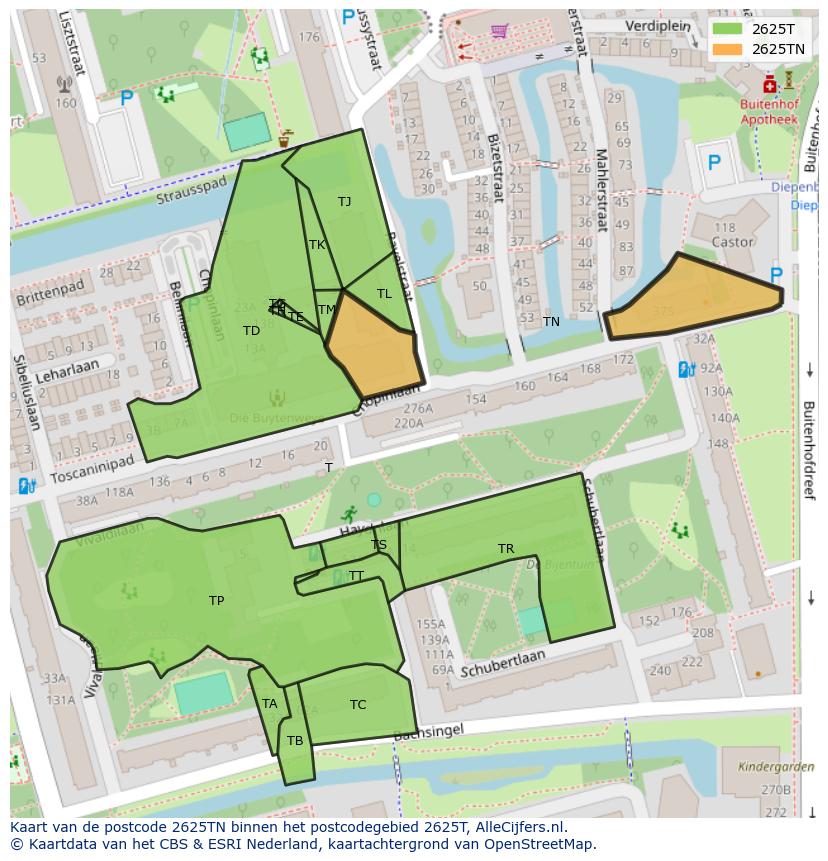 Afbeelding van het postcodegebied 2625 TN op de kaart.