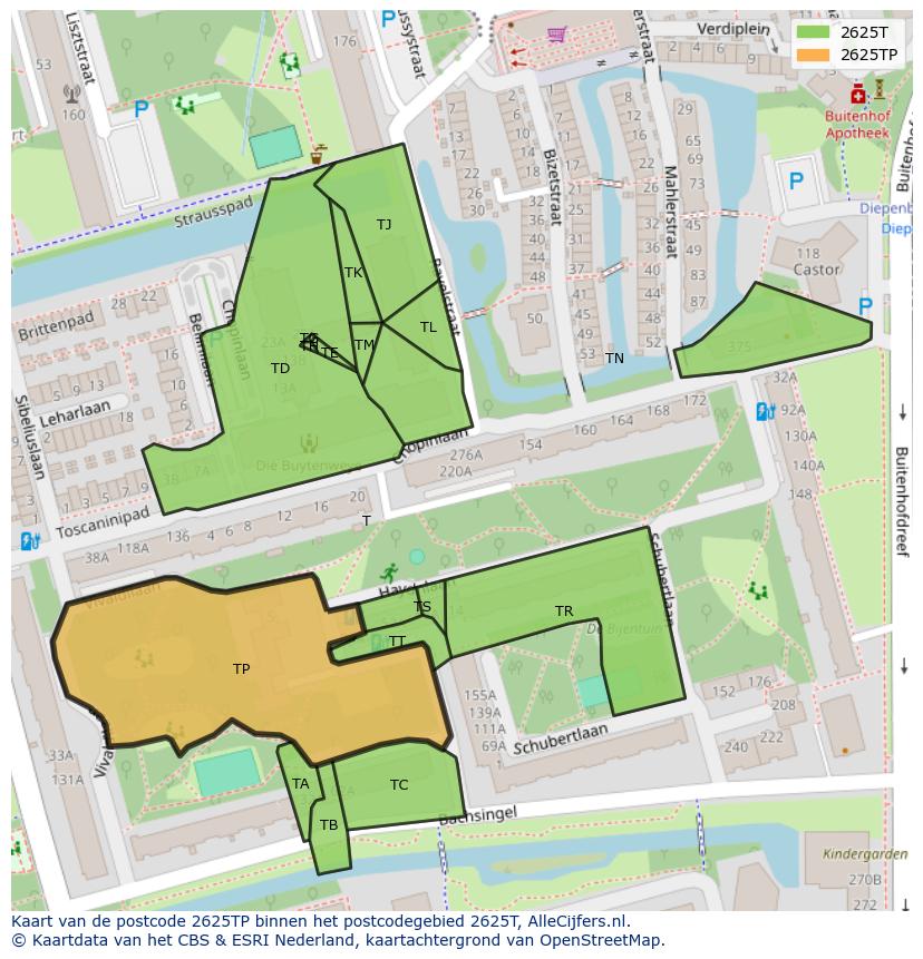 Afbeelding van het postcodegebied 2625 TP op de kaart.