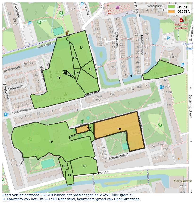 Afbeelding van het postcodegebied 2625 TR op de kaart.