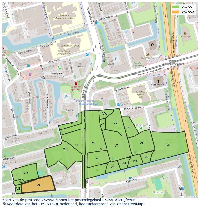 Afbeelding van het postcodegebied 2625 VA op de kaart.