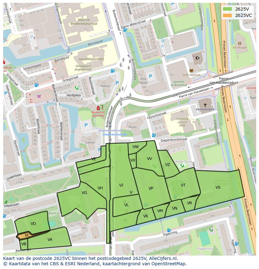Afbeelding van het postcodegebied 2625 VC op de kaart.
