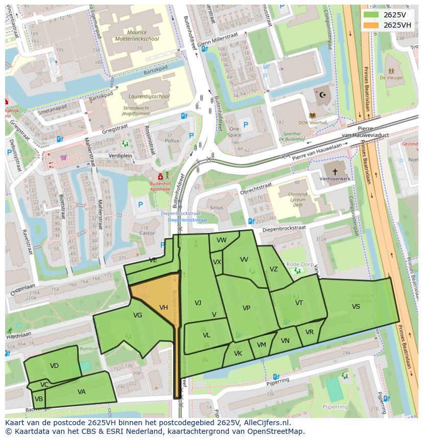 Afbeelding van het postcodegebied 2625 VH op de kaart.