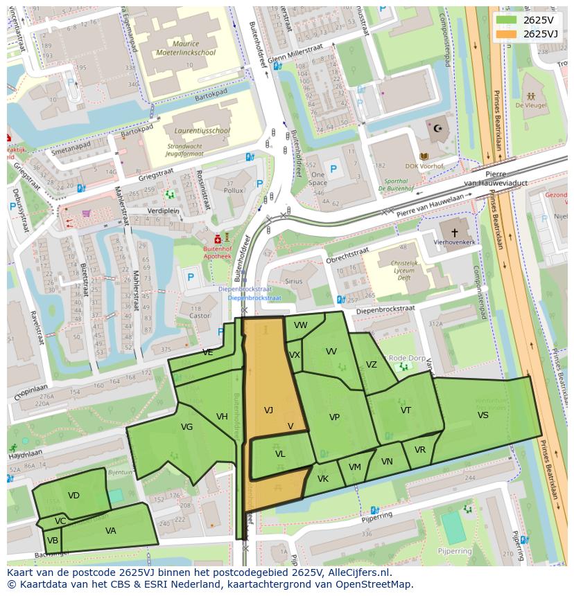 Afbeelding van het postcodegebied 2625 VJ op de kaart.