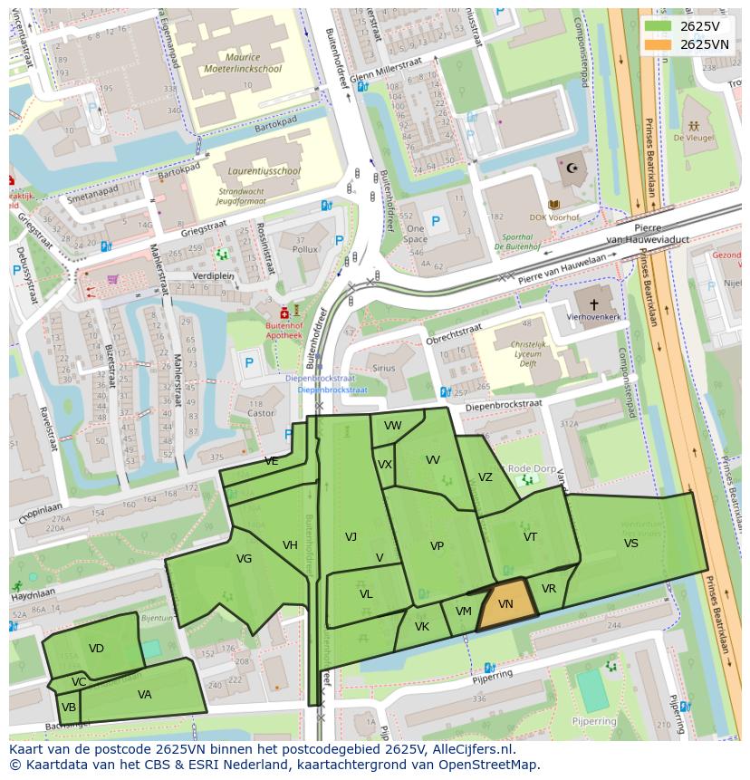 Afbeelding van het postcodegebied 2625 VN op de kaart.