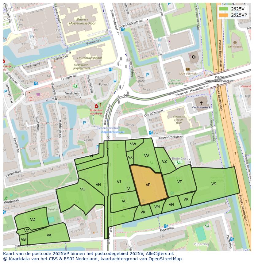 Afbeelding van het postcodegebied 2625 VP op de kaart.